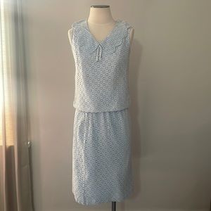 Vintage 1960s Light Blue & White Floral Lace Overlay Scalloped Tank Top & Skirt